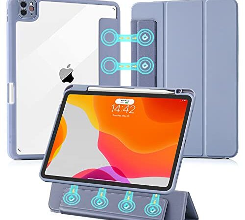 MuyDoux Funda Desmontable para iPad Pro 11" 2021/2020/2018 (3ª 2ª 1ª Gen) con Portalápices, Cubierta Frontal Magnética Desacoplable y Carcasa Trasera Dura Transparente, 2 Tapas para Lente, GrisLavanda