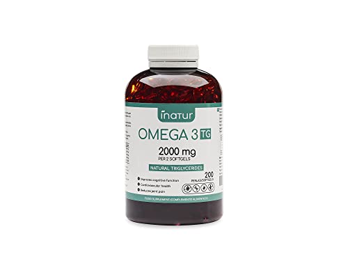 Omega 3 TG 2.000 mg – 200 perlas | Inatur | Triglicéridos Naturales | Suministro para más de 6 meses | 18% EPA (180 mg) y 12% DHA (120 mg | Salud Cardiovascular