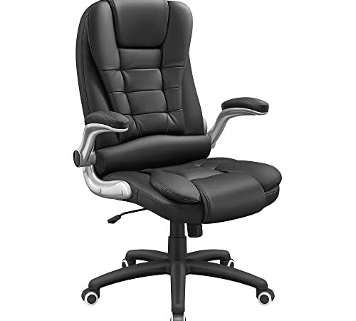 SONGMICS Silla de oficina con respaldo alto, Reposacabezas y cojín engrosados, Apoyabrazos abatibles, Silla ejecutiva ergonómica, Negro OBG51B