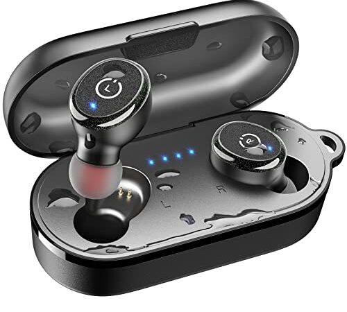 TOZO T10 Auriculares Bluetooth IPX8 Impermeable Bluetooth 5.3 In Ear inalámbricos con Estuche de Carga y micrófono, Sonido Premium con Graves Profundos para Correr y Hacer Deporte Negro