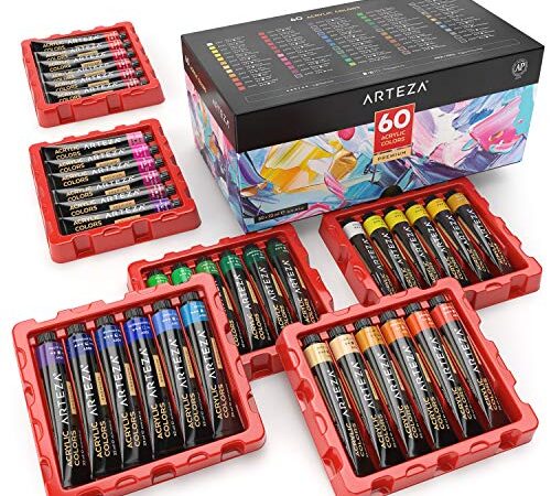 Arteza Tubos de pinturas acrílicas para el arte, Juego de 60 colores numerados, 60 tubos de 22 ml, Pintura acrílica para lienzos