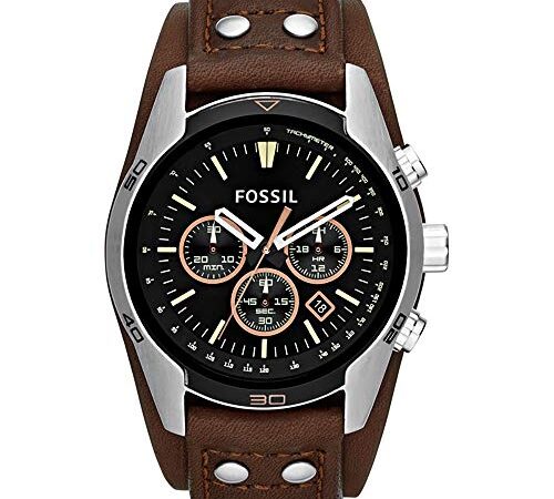 Fossil Reloj para hombre Coachman, movimiento cronógrafo de cuarzo, caja de acero inoxidable plateado de 44mm con correa de piel auténtica, CH2891