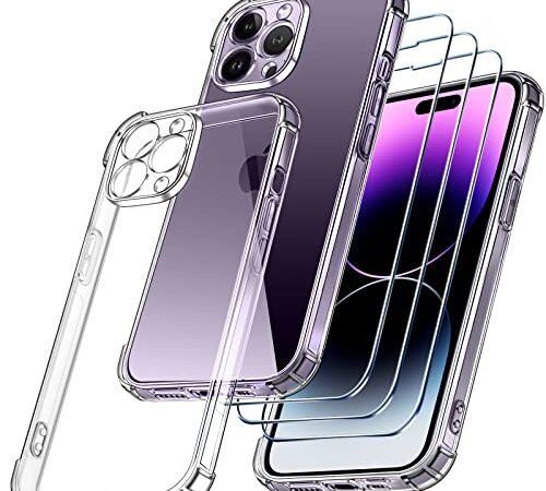 ivoler 4 in 1 Funda para iPhone 14 Pro MAX 6.7 Pulgadas con 3 Piezas Cristal Templado, Transparente [Protección de Cámara] Carcasa Protectora Anti-Choque Case, Suave TPU Silicona Anti-arañazos Caso