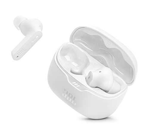 JBL Auriculares Tune Beam In-Ear, inalámbricos, resistentes al agua, cancelación de ruido y tecnología de 4 micrófonos, con batería de hasta 48 horas de duración, en blanco